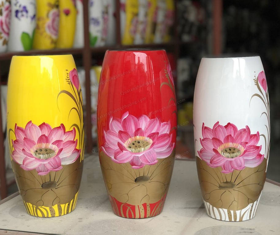 Lọ hoa sơn mài vẽ tay họa tiết hoa sen